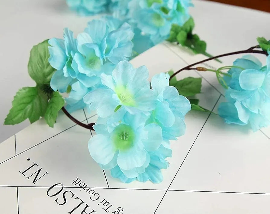 Artificial Cherry Blossom Rattan Flowers Vine Sky Blue
