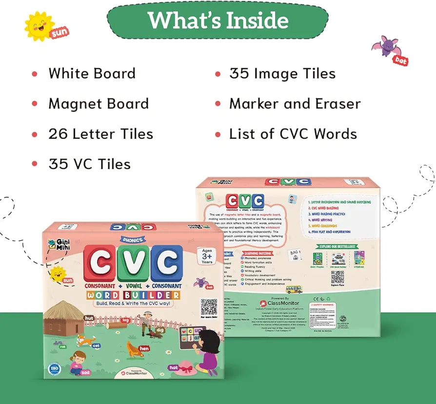 GiniMini CVC Word Builder - Letter Tiles & Whiteboard - Learn to Read, Write & Build CVC Words - Educational Toy for Kids 3 4 5 6 Years