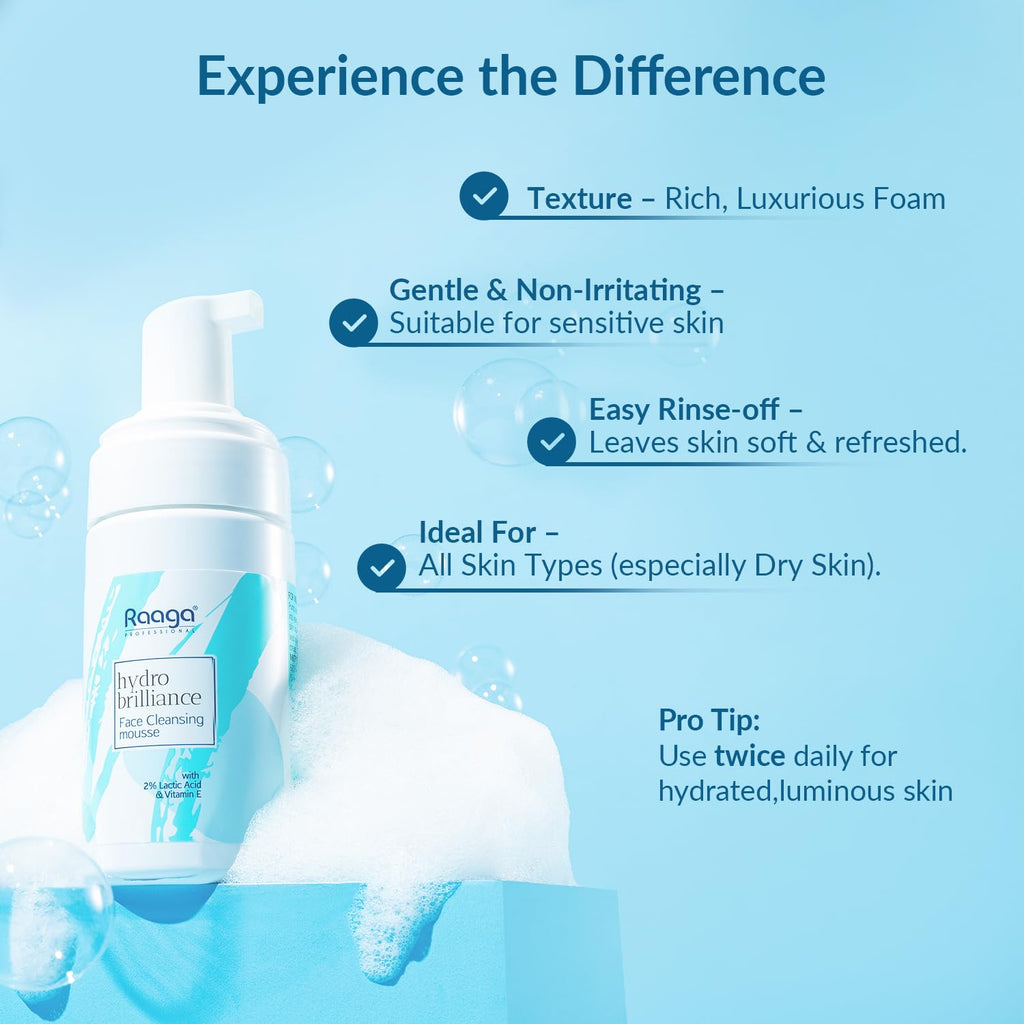 Raaga Professional Hydro Brilliance Face Cleansing Mousse with 2% Lactic Acid and Vitamin E | Paraben Free, Sulphate Free, Dermatologically Tested (100 ml)