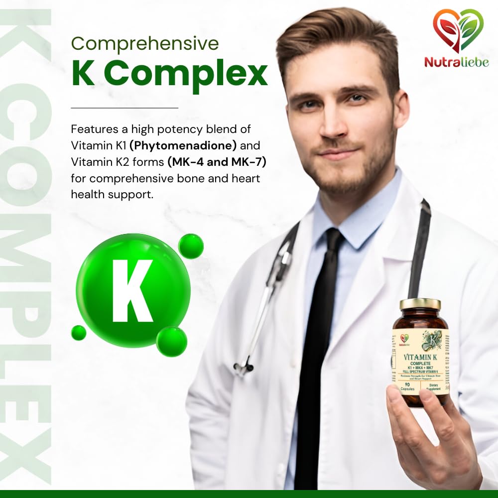 Nutraliebe Vitamin K Complex - High Potency, Includes Vitamin K1 (Phytomenadione) & Vitamin K2 (MK-4, MK-7), Non-GMO, 90 Capsules