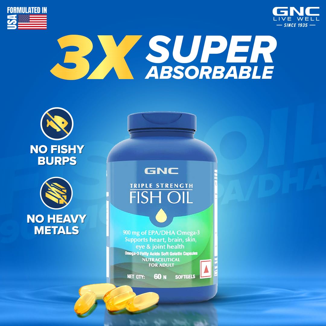GNC 1500 MG Triple Strength Fish Oil Omega 3 Capsules for Men & Women | 60 Softgels | 900mg (540 MG EPA & 360 MG DHA) | Improves Memory | Protects Vision | No Fishy Aftertaste