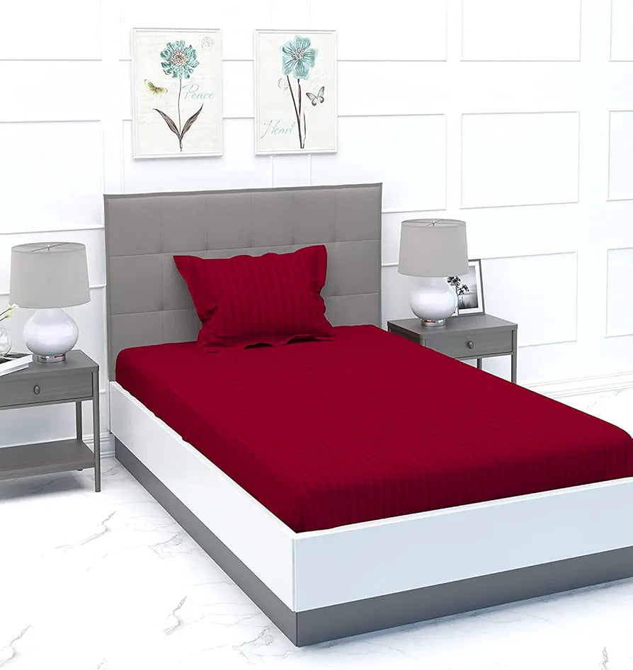 Purav Light Microfiber Flat Single Bed Bedsheet Plain Striped Cotton Bedsheet with 1 Pillow Cover for Queen Size Bed Supersoft 340 TC Breathable Maroon Color