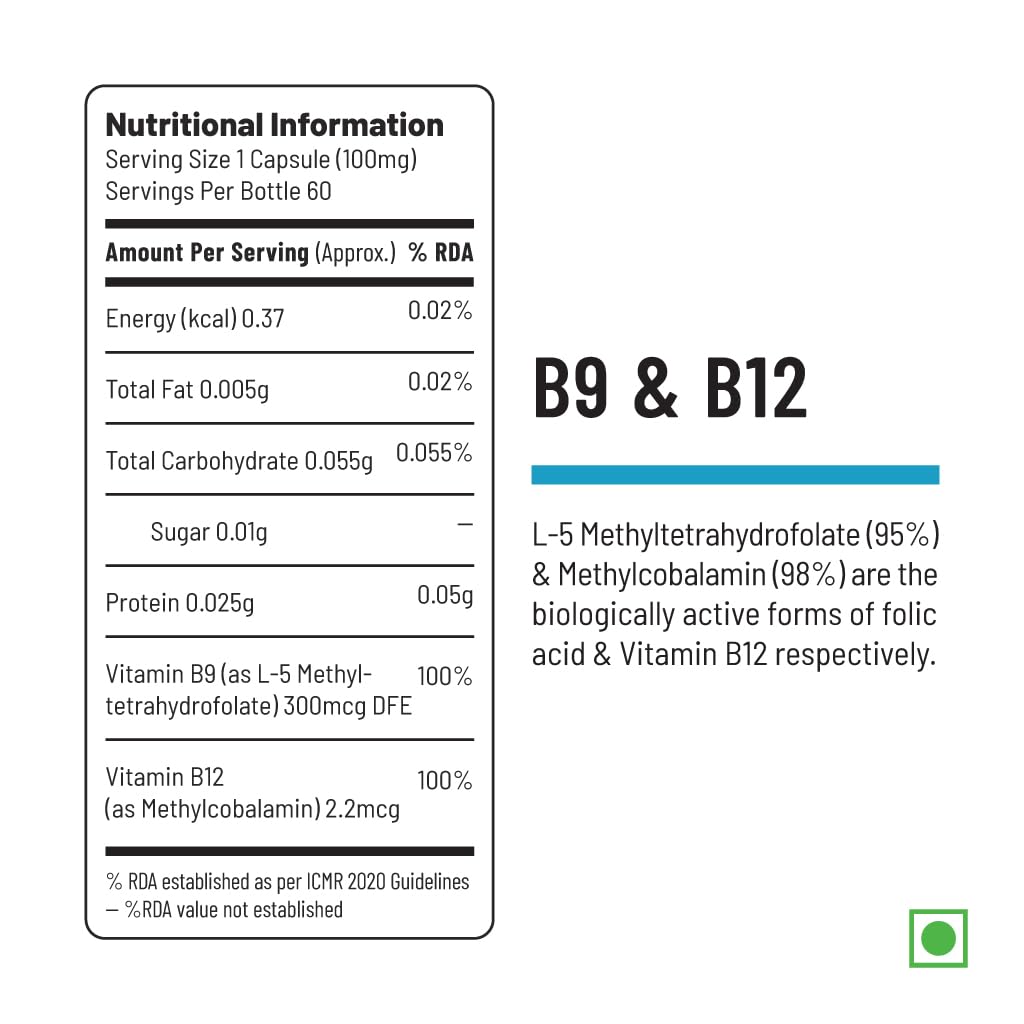 Unived Vitamin B12 Veg, Methylcobalamin (98%), with Methyltetrahydrofolate (5-MTHF), Brain Cells & Nerve Tissue Support, 180 Vegan Capsules