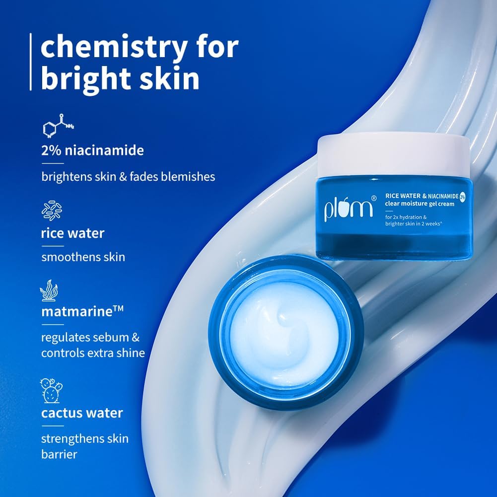 Plum 2% Niacinamide & Rice Water Superlight Gel Cream Moisturizer for Face | Oil-Free Hydration | Brightens, Fades Blemishes | Dermat-Tested | All Skin Types | Women & Men | 100% Vegan | 50 g