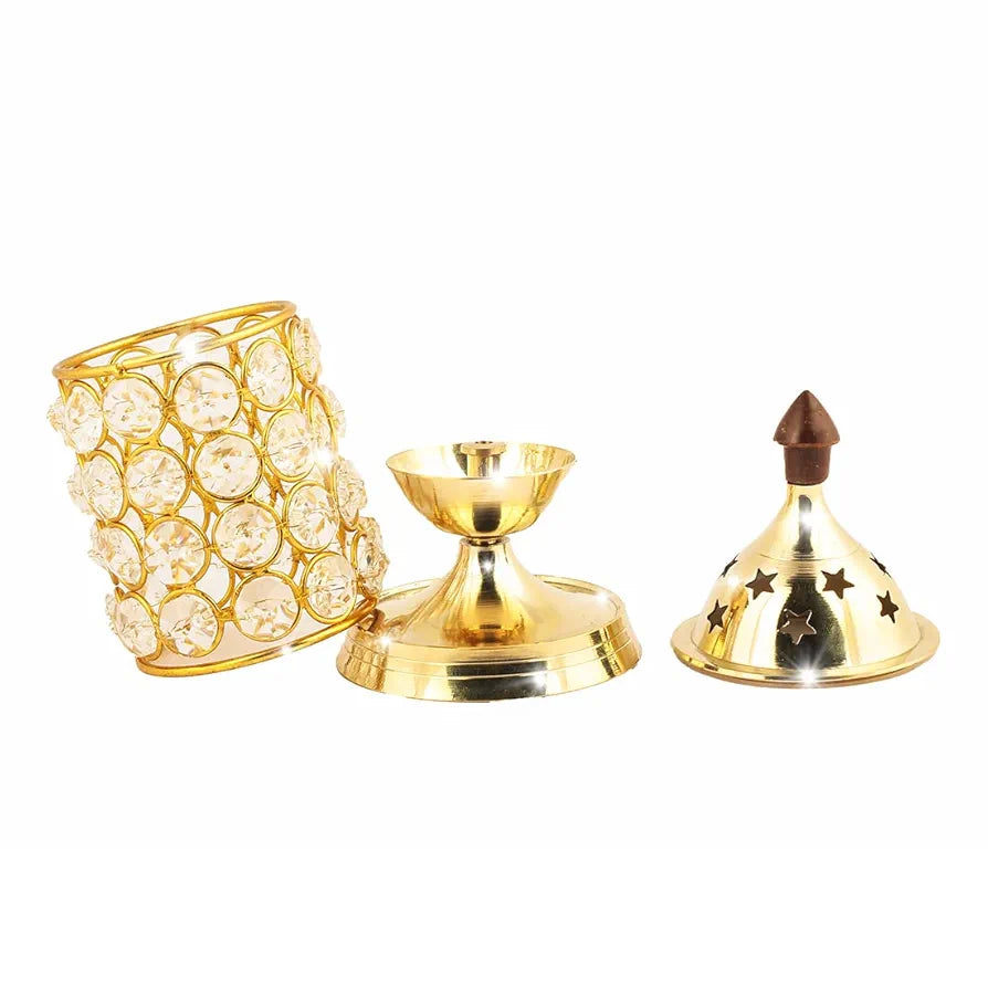 Shubhkart Nitya Crystal Deep Small Decorative Brass Crystal Oil Lamp Lantern Deep Jyot Diwali Tea Light Holder 180Gm