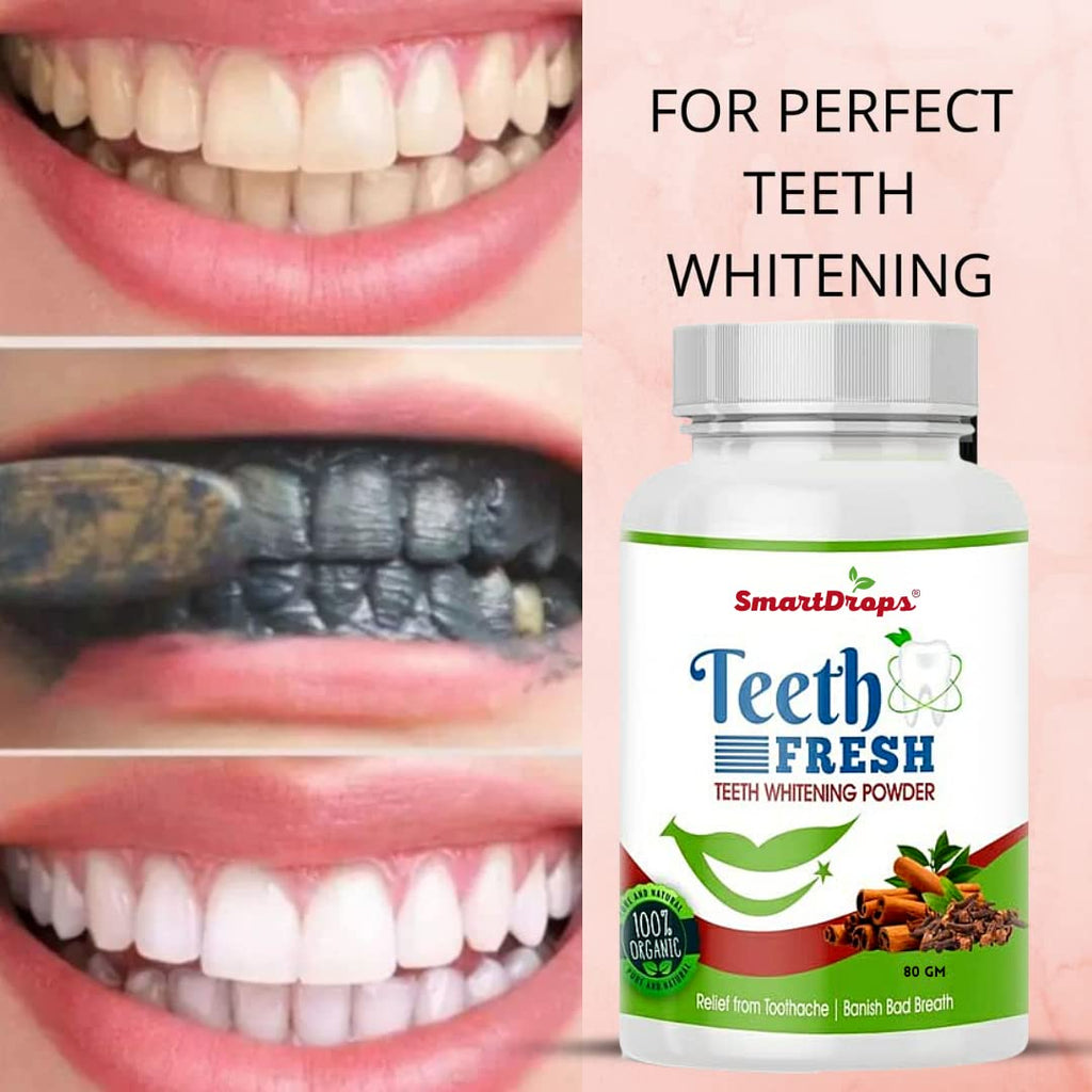 Smartdrops Teeth Whitening Powder, For Shiny Polished Teeth, Improves Teeth Whiteness and Brightness, Helps Fight Plaque, Removes Stains, Freshens Breath, Natural Ingredients, 80gm