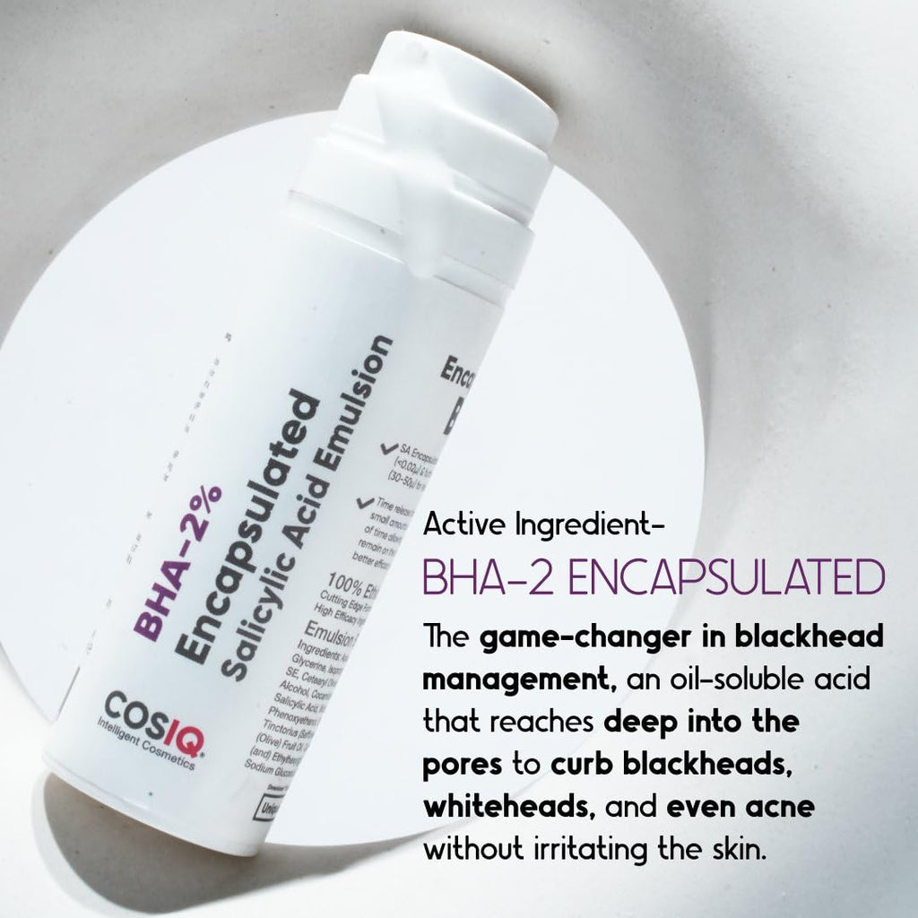 Cos-IQ BHA-2% Encapsulated Salicylic Acid Emulsion Face Serum for Sensitive Skin | Face Exfoliator for Blackheads, Whiteheads, Acne & Open Pores | Reduces Breakouts | For Women & Men | 30ml