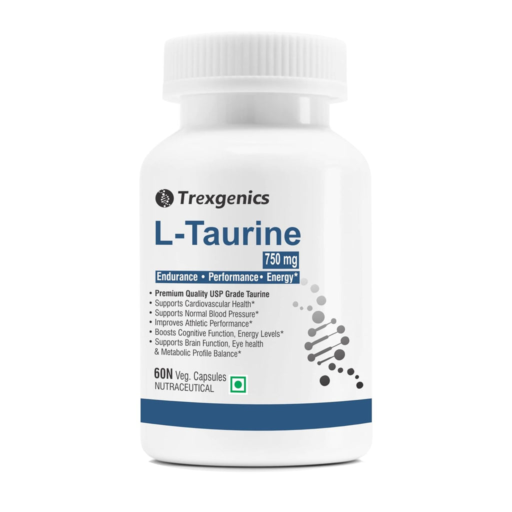 Trexgenics L-TAURINE 750 mg Nervous System, Energy, Heart, Cardiovascular system, Brain, Eye Health Support (60 Vcaps) (Pack of 1)