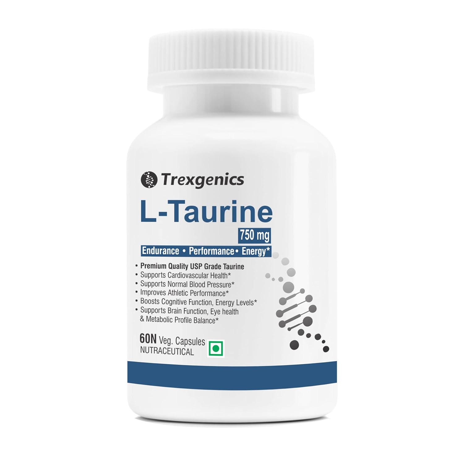 Trexgenics L-TAURINE 750 mg Nervous System, Energy, Heart, Cardiovascular system, Brain, Eye Health Support (60 Vcaps) (Pack of 1)
