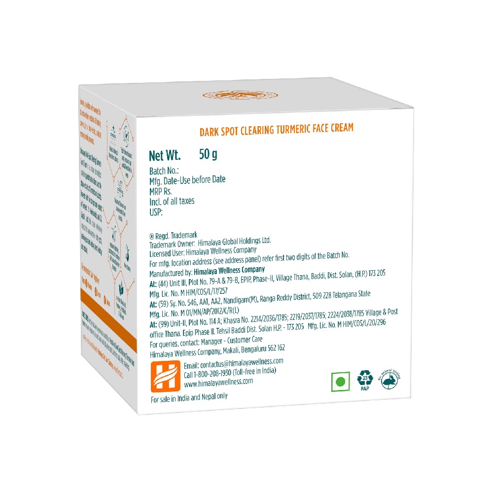 Himalaya Dark Spot Clearing Turmeric Face Cream | Organically sourced Turmeric | Reduce dark spots in 7 days | 2% Glycolic Acid & 2% Niacinamide | 50g