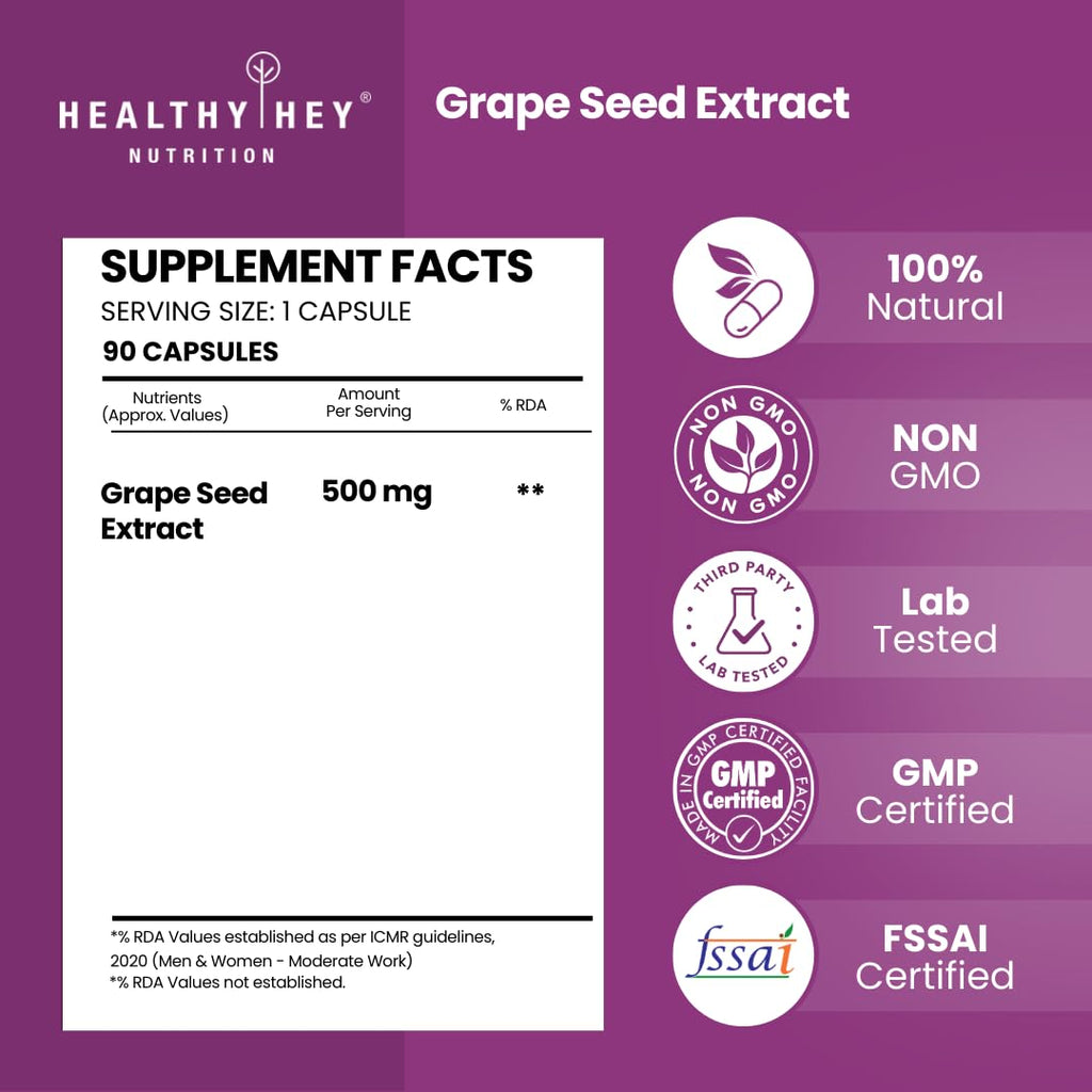 HealthyHey Nutrition Grape Seed Extract | Maximum Strength | 95% Polyphenols | 3 Month Supply | 90 Veggie Caps | (Pack of 1)