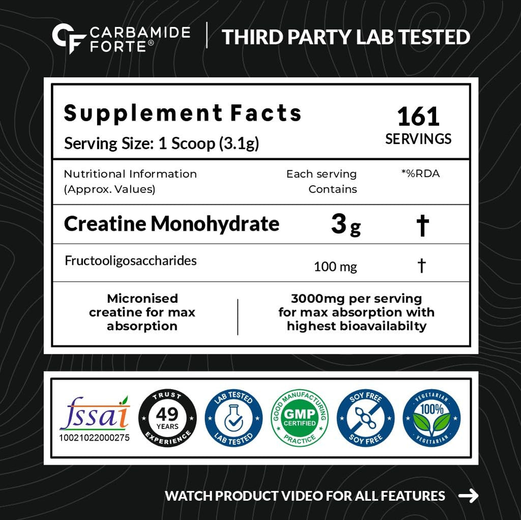 Carbamide Forte Creatine Mono hydrate Powder | Micronized Monohydrate Creatine 500g | Micronized Monohydrate Supplement for Lean Muscle, Strength & Energy - Unflavoured - 161 Servings - 500g