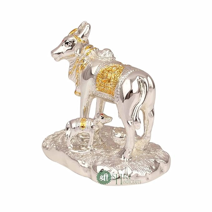 Indicast Resin Gold & Silver Plated Cow Idol With Calf Murti for Office Table and Home Decor & Gifts