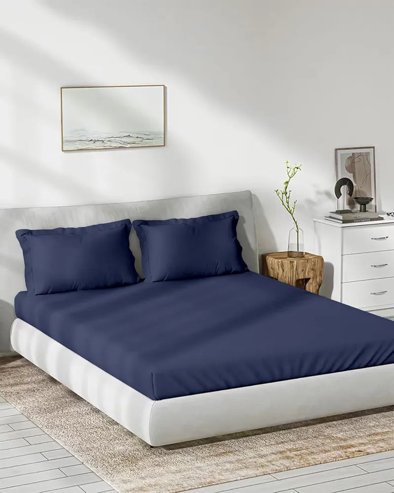 Trance Home Linen 300 TC Bamboo Fitted Queen Size Bedsheet Soft Breathable & Eco-Friendly Bedsheet with 2 Pillow Cover Colour Mediterranean Blue