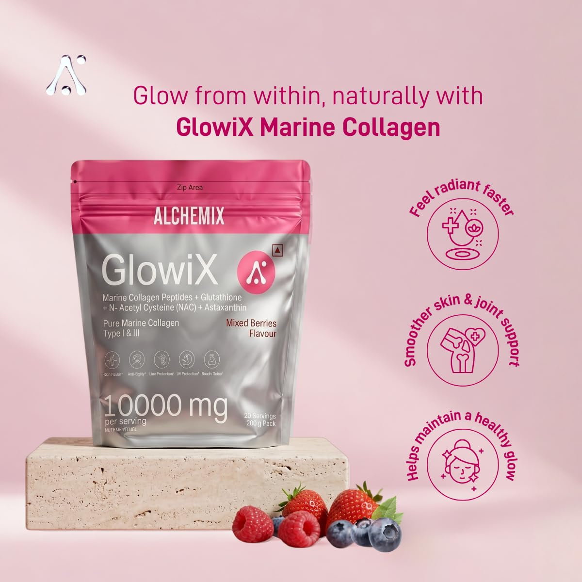 "8000mg Korean Marine Collagen Powder with Glutathione, Astaxanthin & NAC | Hydrolyzed Type 1 & 3 Collagen Peptides | Supports Skin Glow, Hair, Nails & Joints | Mixed Berries Flavour | 200g | 20 Servings | Alchemix Glowix"