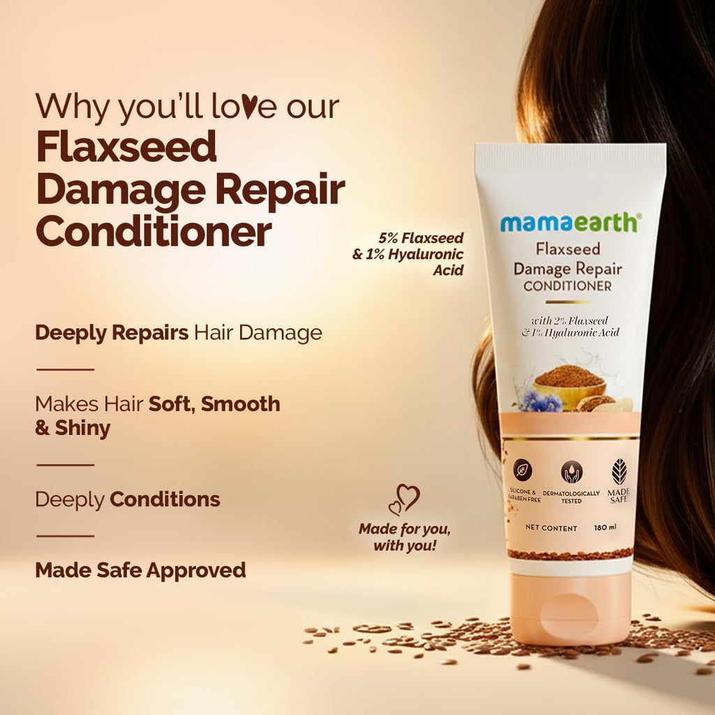 Mamaearth Flaxseed Damage Repair Conditioner with 2% Flaxseed, 1% Hyaluronic Acid, Ceramides | Makes Hair Soft, Smooth & Shiny | Deeply Conditions | Dry & Frizzy Hair | Sulphate & Paraben Free | 180 ml