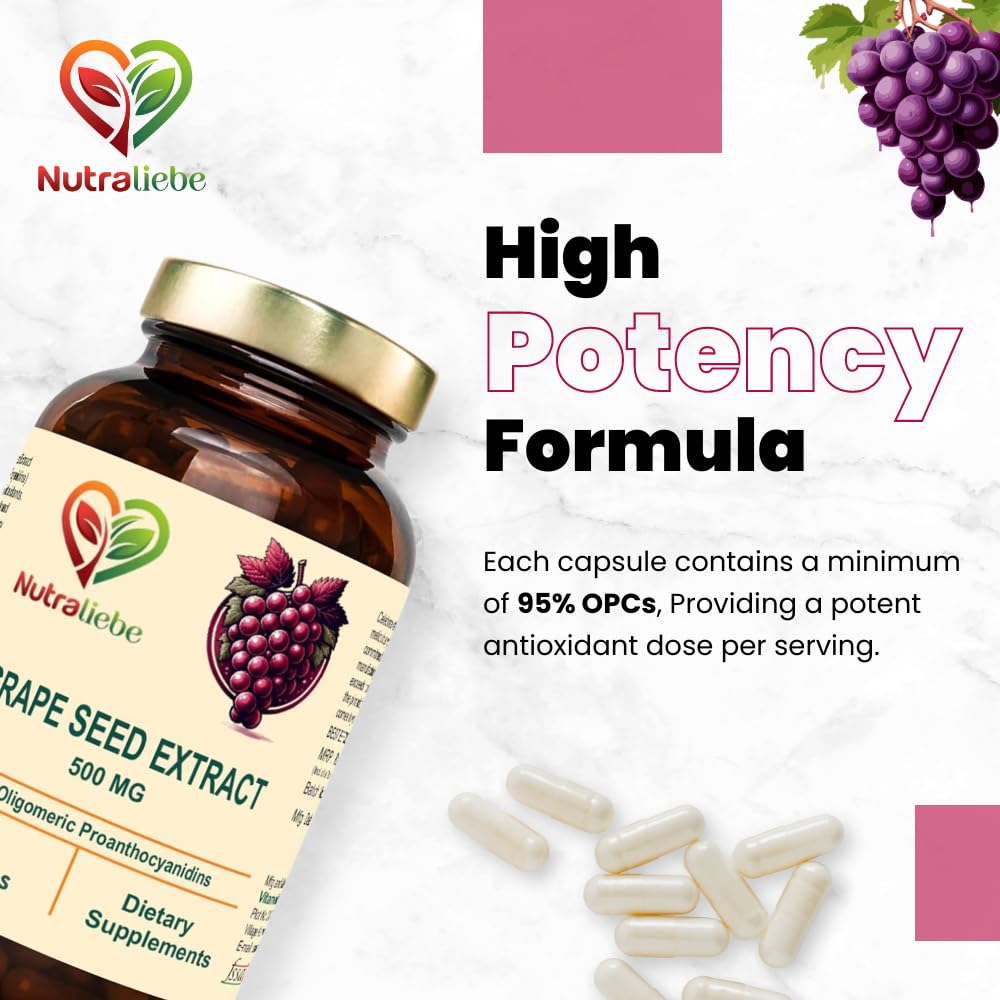 Nutraliebe OPC Grape Seed Extract Capsules - Minimum 95% OPCs, Powerful Antioxidant Support, 90 Capsules