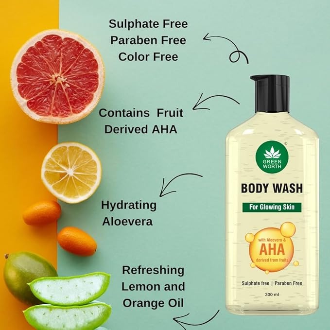 Greenworth Body Wash for Glowing Skin With Aha and Aloevera - 300 ml