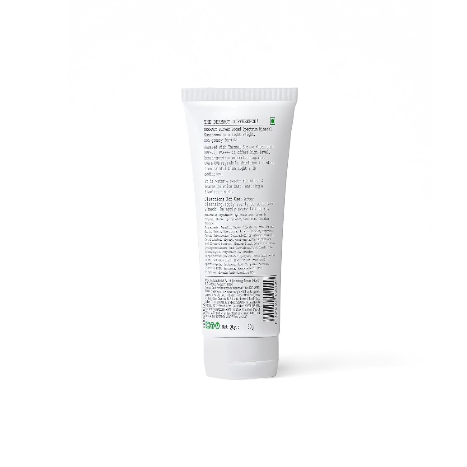 Dermacy Sunvex | Broad - Spectrum Mineral Sunscreen | SPF 70, PA++++ | Effective Coverage From Sun Rays | Suitable For All Skin Types | For Women and Men| 50g