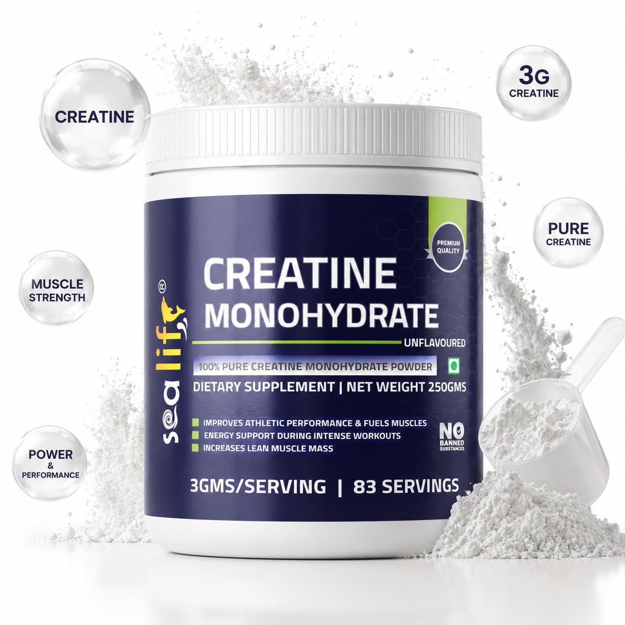 Sea Life Creatine Monohydrate |100% Pure Creatine Powder 250gm,83 Servings |Improves Athletic Performance & Fuels Muscles |Lean Muscle Building Supports | Muscle Repair & Recovery | Creapure Creatine