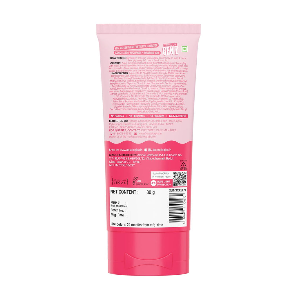 Aqualogica Radiance+ Dewy Gel Sunscreen SPF 50+ PA++++, 80g | 2% Nia-Hyaluron Complex | Broad Spectrum UVA/UVB & Blue Light Protection | Fragrance-Free | No White Cast | Lightweight | Anti-Pollution | For Men & Women