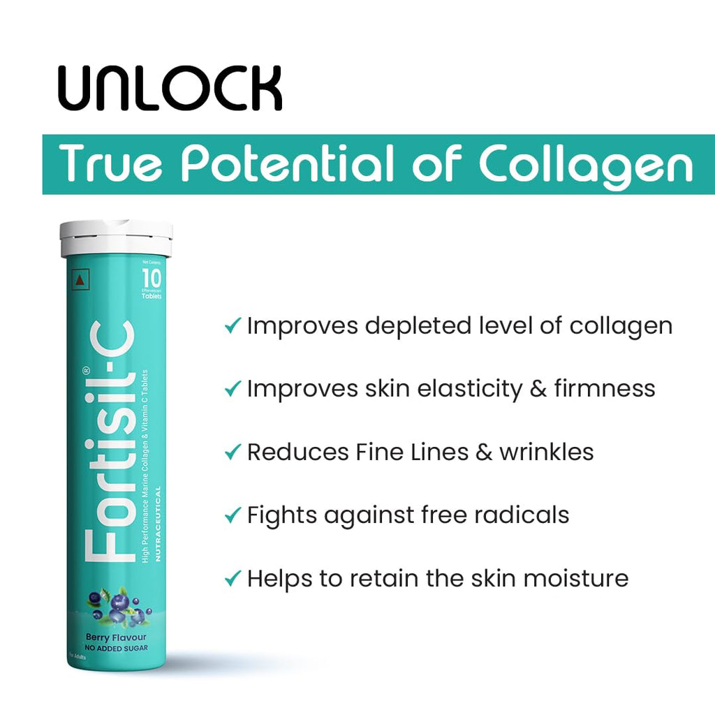 Fortisil C- High Performance Marine Collagen Effervescent Tablets | Vitamin C 65 mg | Skin Firmness & Hydration | 10 Tablets