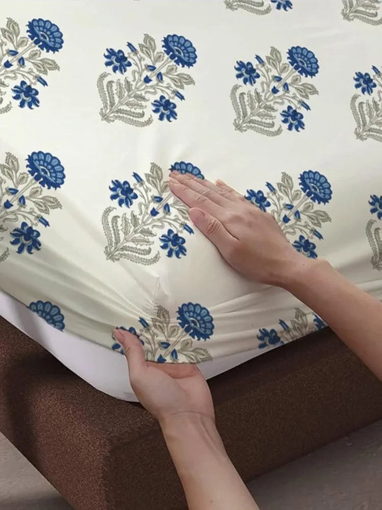 Trance Home Linen 180Tc 100% Cotton 78"X72" Standard King Size Elastic Fitted Bedsheet Printed King Bed Size With 2 Pillow Covers 180 TC King 78X72 Inch Colour Aangan Blue