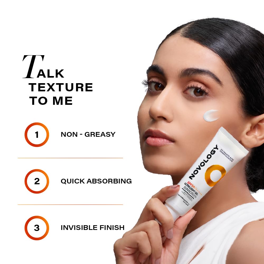 Novology SPF50 PA++++ Ultra Light Gel Sunscreen | Non-Greasy, Quick Absorbing, Invisible Finish | 50 g