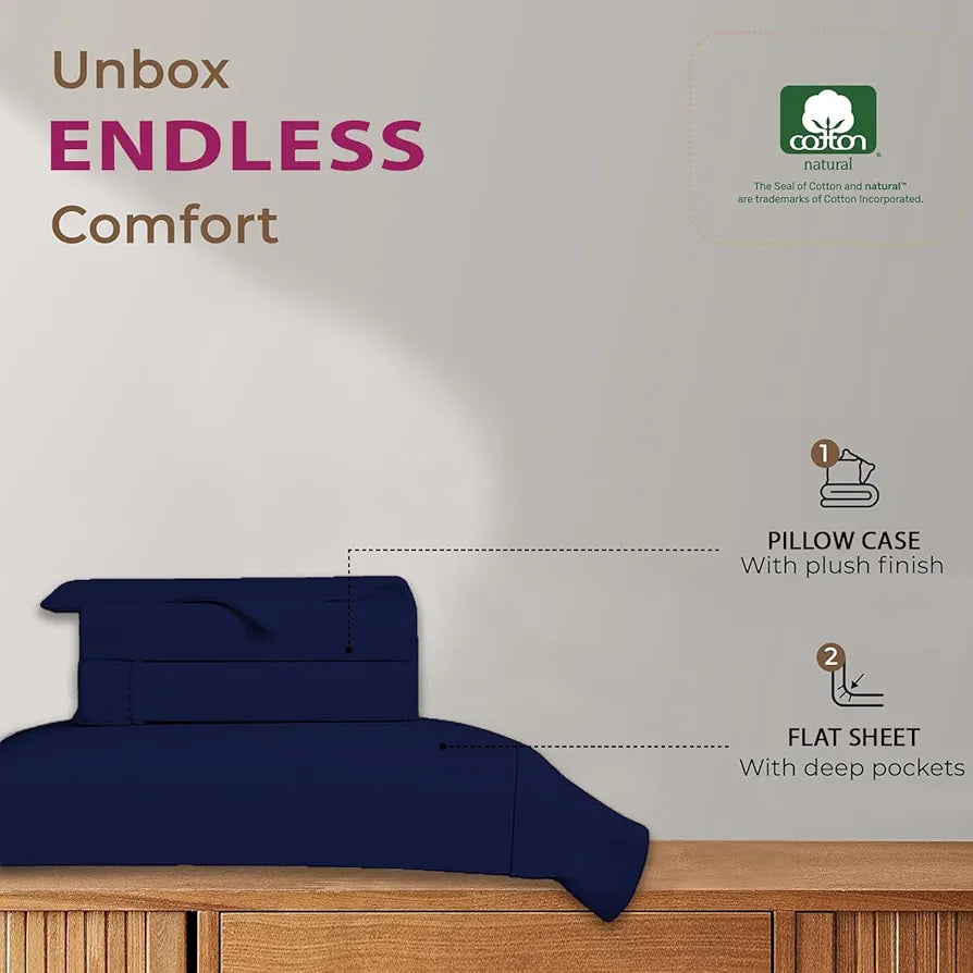 Trance Home Linen 100% Cotton 78x72 inch King Elastic Fitted Bedsheet 400 Thread Count Premium Bedsheet with 2 Pillow Covers Colour Navy Blue