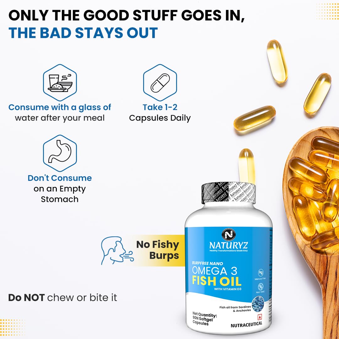 NATURYZ BURPFREE OMEGA 3 Fish Oil 2000 Mg with Vitamin D3 | No Fishy Burps | Extracted from Sardines & Anchovies | EPA & DHA | Nano Emulsion Capsules for faster absorption & superior Bioavailability | Muscle,Skin,Eyes, Heart & Brain Health- 90 Softgels