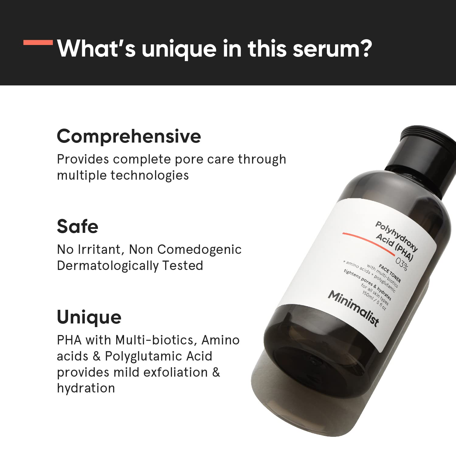 Minimalist Anti Acne PHA 3% Face Toner for Oily Skin | Pore Tightening & Mild Exfoliation For All Skin | Alcohol Free Hydrating Face Toner For Glowing Skin | 150 ml
