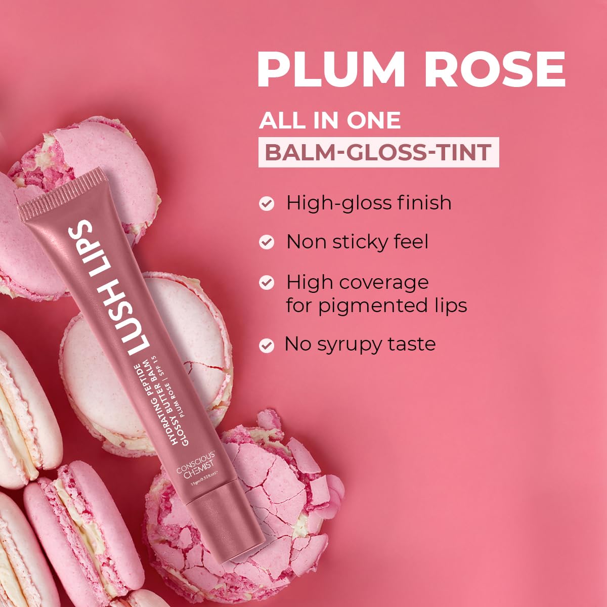 Conscious ChemistÂ® Peptide Lip Balm SPF15 - Plum Rose | 24 hr Hydration & Moisturizing Lip Balm for Dark & Pigmented Lips | Sun Protection | Soothes Dry Lips & Repair Moisture Barrier - 15g, Mauve