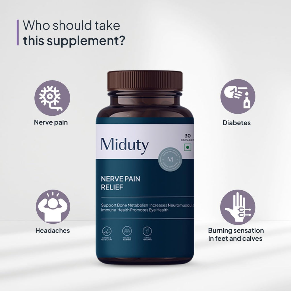 Miduty by Palak Notes Nerve Pain Relief Nerve Damage for Nerve Blocks, Acetyl L-Carnitine, R-Lipoic Acid, Horse Chestnut, Combats Sciatica Pain & Tingling Sensation, Nerve Pain Relief Pack - 30 Caps