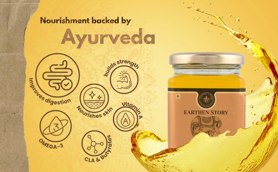 Earthen Story A2 Ghee from Cow | Lab Tested for 250+ Pesticides | Traditional Bilona Method from Curd | Pure Vedic A2 Cow Ghee in Glass Jar