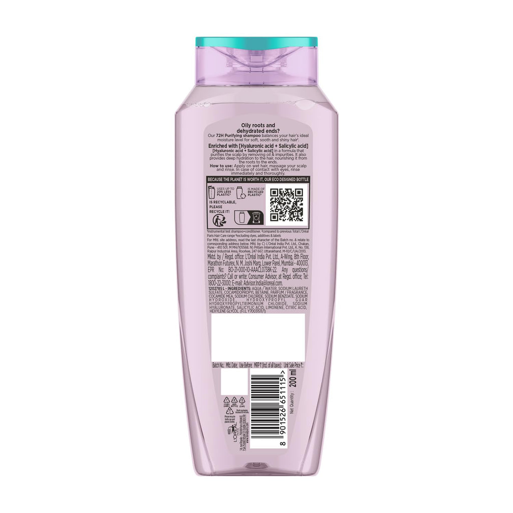 Lâ€™OrÃ©al Paris Hyaluron Pure 72H Purifying Shampoo, For oily scalp & dry hair with salicylic and hyaluronic acid, 200 ml