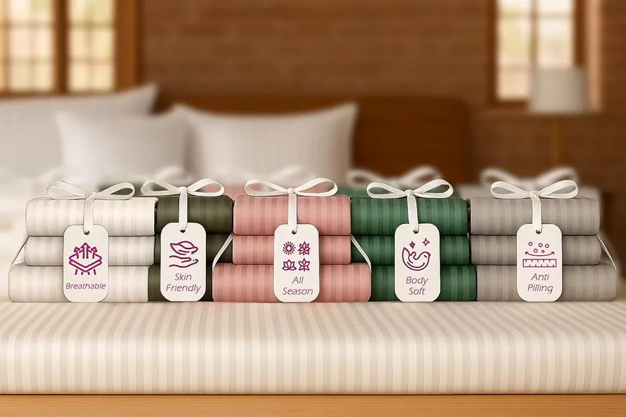 Trance Home Linen 100% Cotton 78x72 inch King Fitted 200TC Satin Stripe Elastic Fitted Bedsheet with 2 Pillow Covers Colour Pink