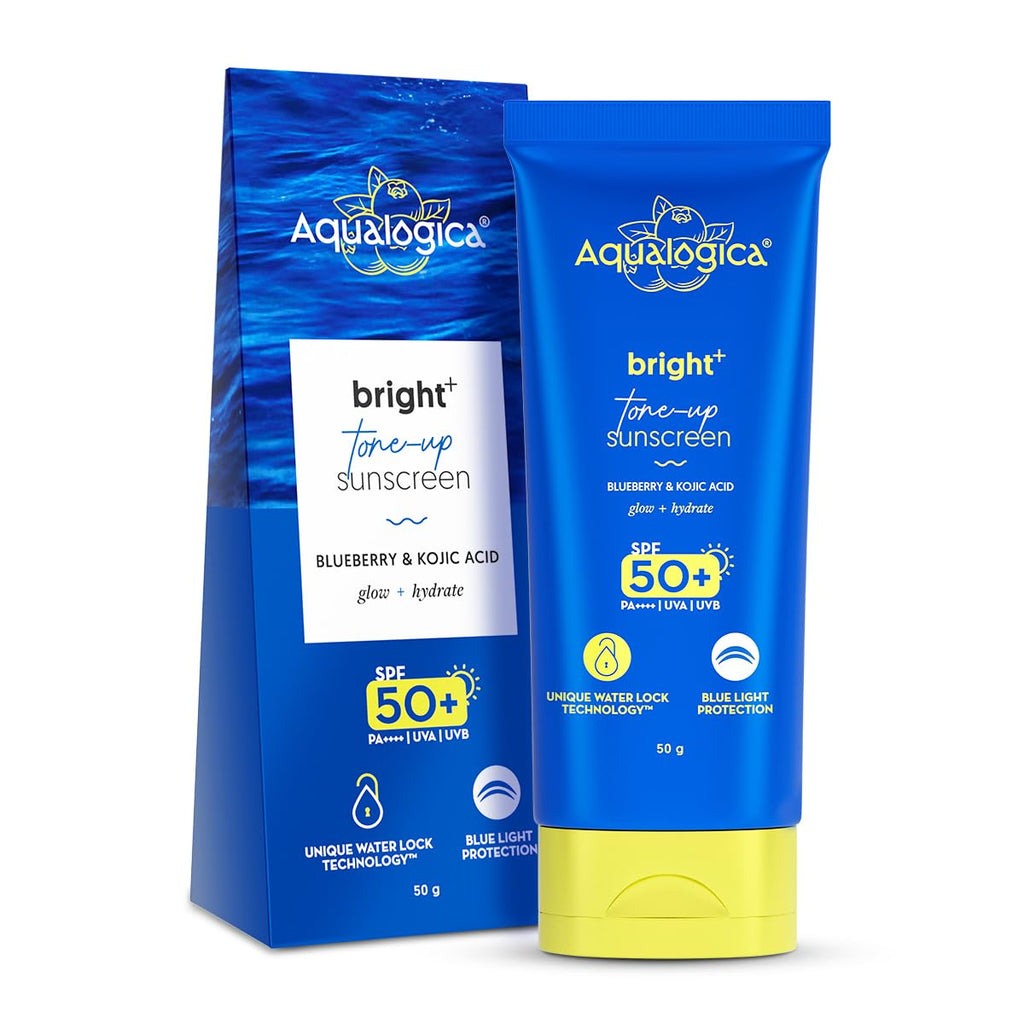 Aqualogica Bright+ Tone Up Sunscreen | Broad Spectrum SPF 50+ PA++++ with Kojic Acid & Blueberry | UVA/B & Blue Light Protection | Instantly Brightens | Lightweight, Non-Greasy, No White Cast | All Skin Types | Fragrance-Free | 50g