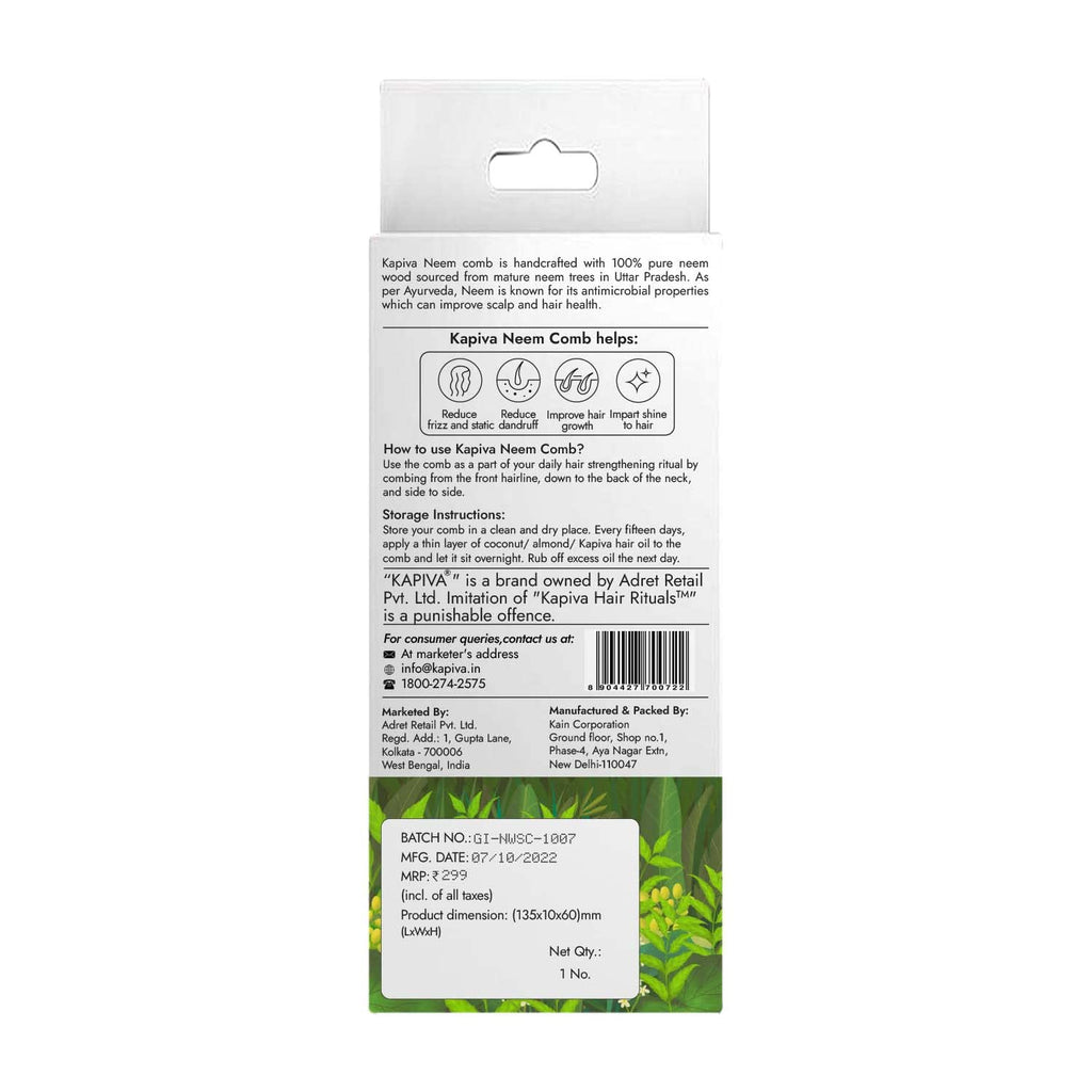 Kapiva Neem Comb | 100% Pure Neem Wood for Men & Women | Hair growth, Dandruff Control