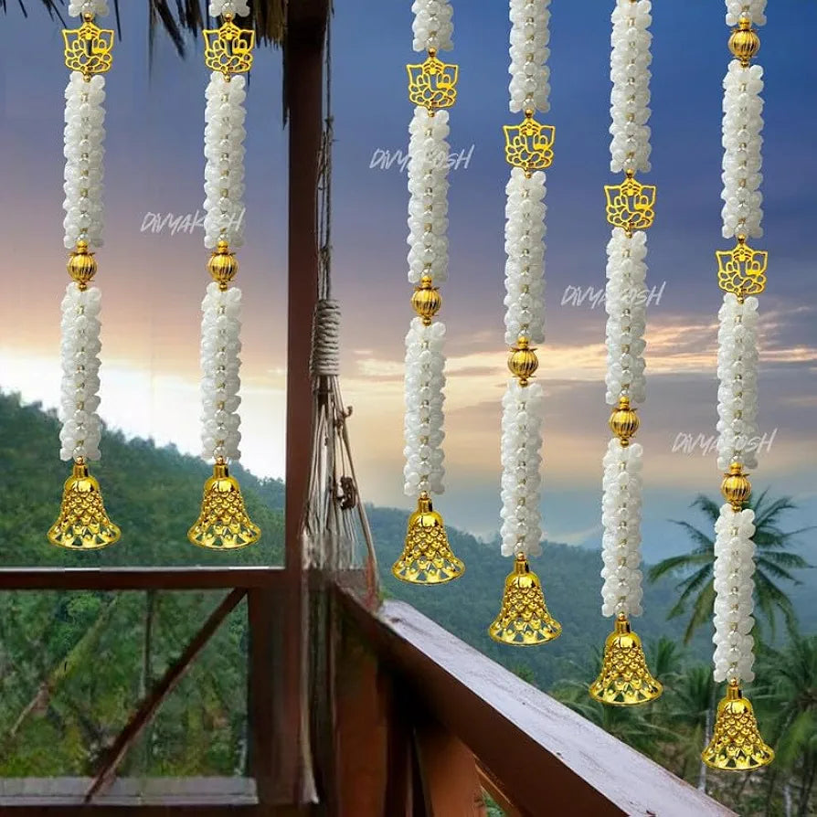 Fabric White Mogra Flower Ganeshji and Bells Wall Hanging Pack of 4 Strings Artificial Flower Latkan 3.5 Feet
