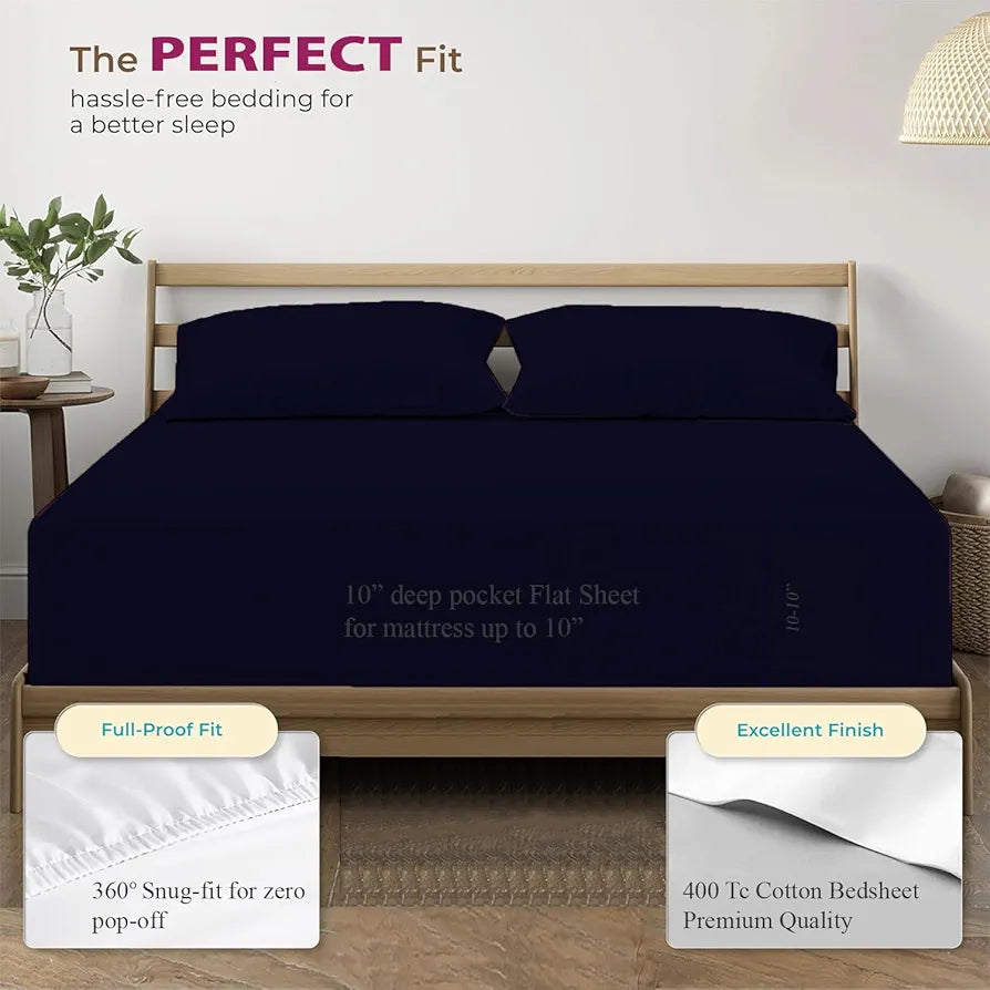 Trance Home Linen 100% Cotton 78 x 60 inch Queen Elastic Fitted Bedsheet 400TC Premium Queen Double Bed Size Plain with 2 Pillow Covers Colour Navy Blue
