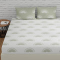 Huesland by Ahmedabad Cotton 144 TC Cotton Bedsheet for Double Bed King Size with 2 Pillow Covers | Sunrise | White and Basil Green