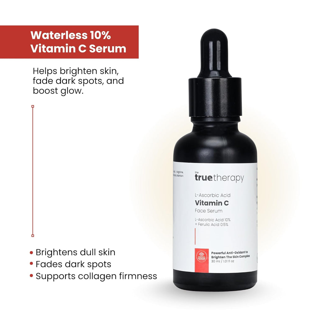 The True Therapy Vitamin C Serum for Glowing Skin, Skin Brightening Serum for Face with 10% L-Ascorbic Acid Face Serum, Fragrance Free â€“ 30 ml
