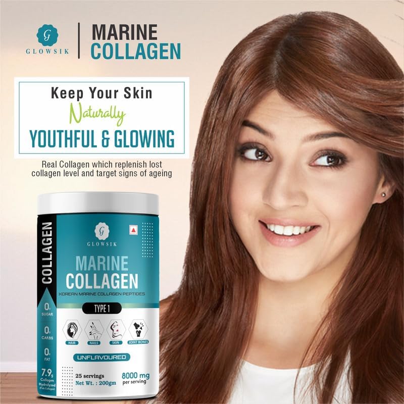 Glowsik Korean Marine Collagen Powder | Marine Collagen Supplements for Women and Men - 200 Gms | Pack of 2 | Unflavoured