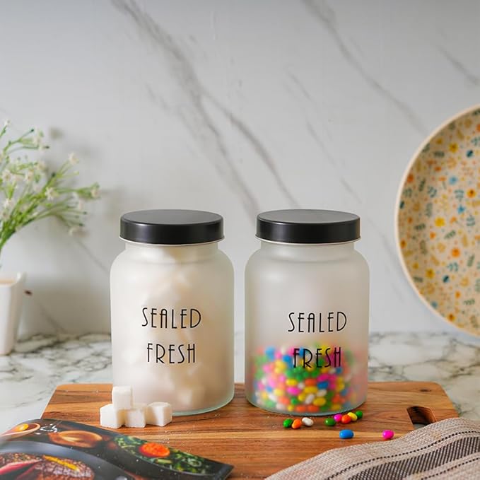 Femora Kitchen Storage Jars Frosted Glass Jar With Steel Lid Air Tight Jar | 1000 Ml | Pack of 4 | Black Lid