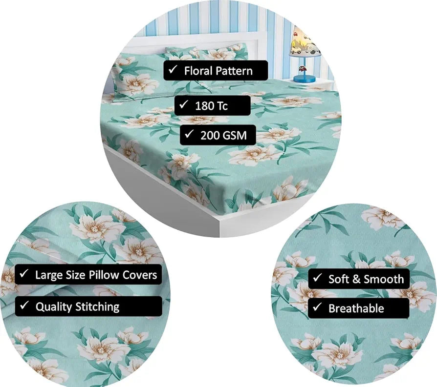 Homekart Premium Cotton Elastic Fitted Bedsheets with 2 King Size Pillow Covers Double Bed Flower Print Light Green 200 tc - 220 tc