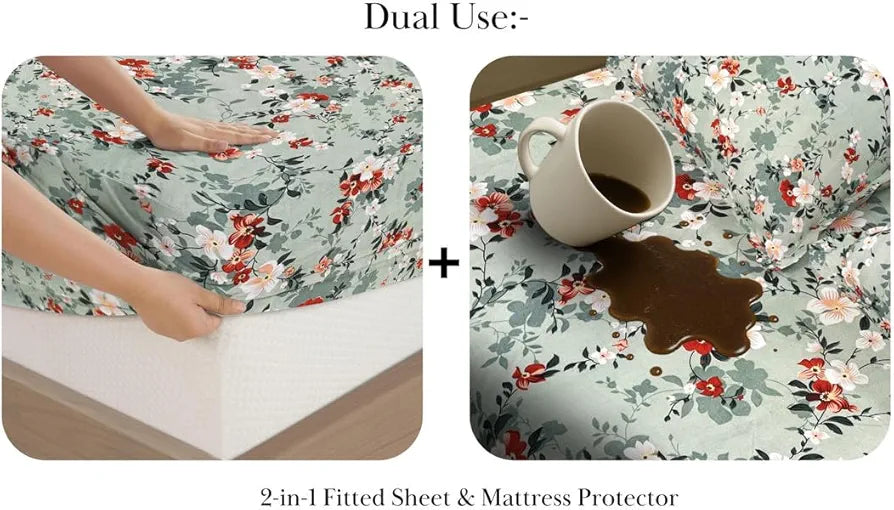 Homekart Waterproof Fitted Bedsheet for King Leakproof Elastic Bed Sheet with 2 Pillow Covers Breathable Grey & White