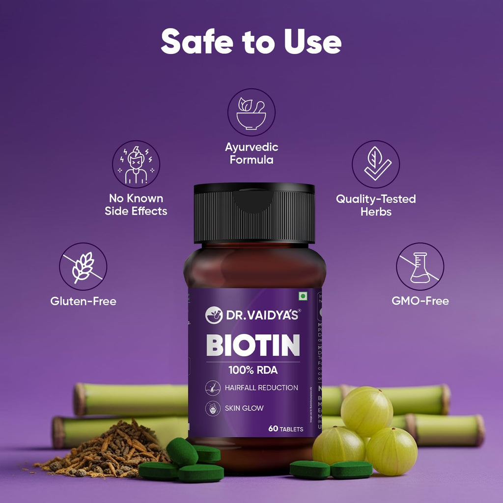 Dr. Vaidyaâ€™s Biotin Tablets for Hair Growth | Ayurvedic Hair Vitamins with Amla, Bhringraj & Bamboo Shoot | Natural Biotin Supplements for Hair Regrowth, Thinning Hair, Skin Glow & Stronger Nails (60 Tablets)