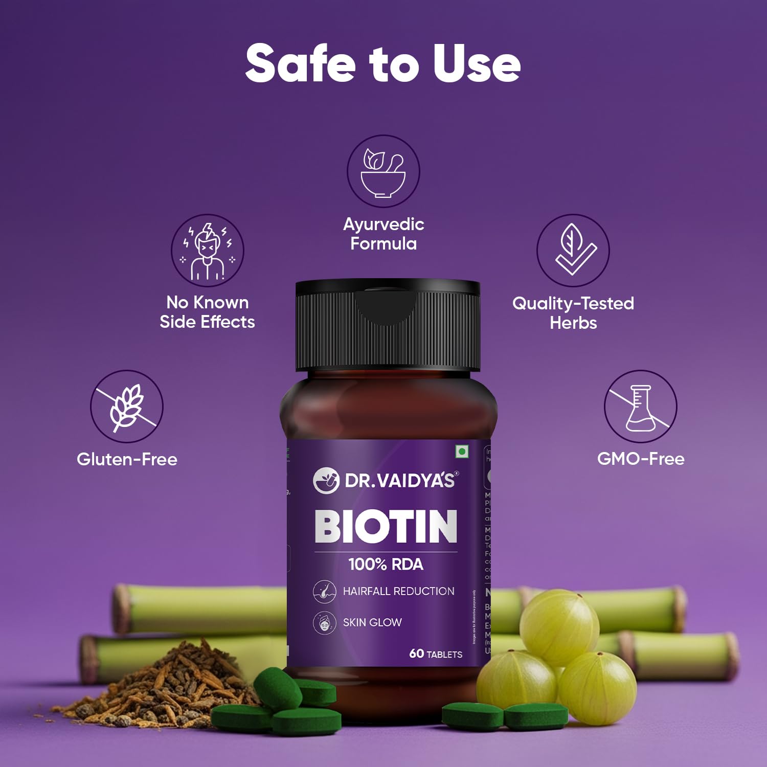 Dr. Vaidyaâ€™s Biotin Tablets for Hair Growth | Ayurvedic Hair Vitamins with Amla, Bhringraj & Bamboo Shoot | Natural Biotin Supplements for Hair Regrowth, Thinning Hair, Skin Glow & Stronger Nails (60 Tablets)