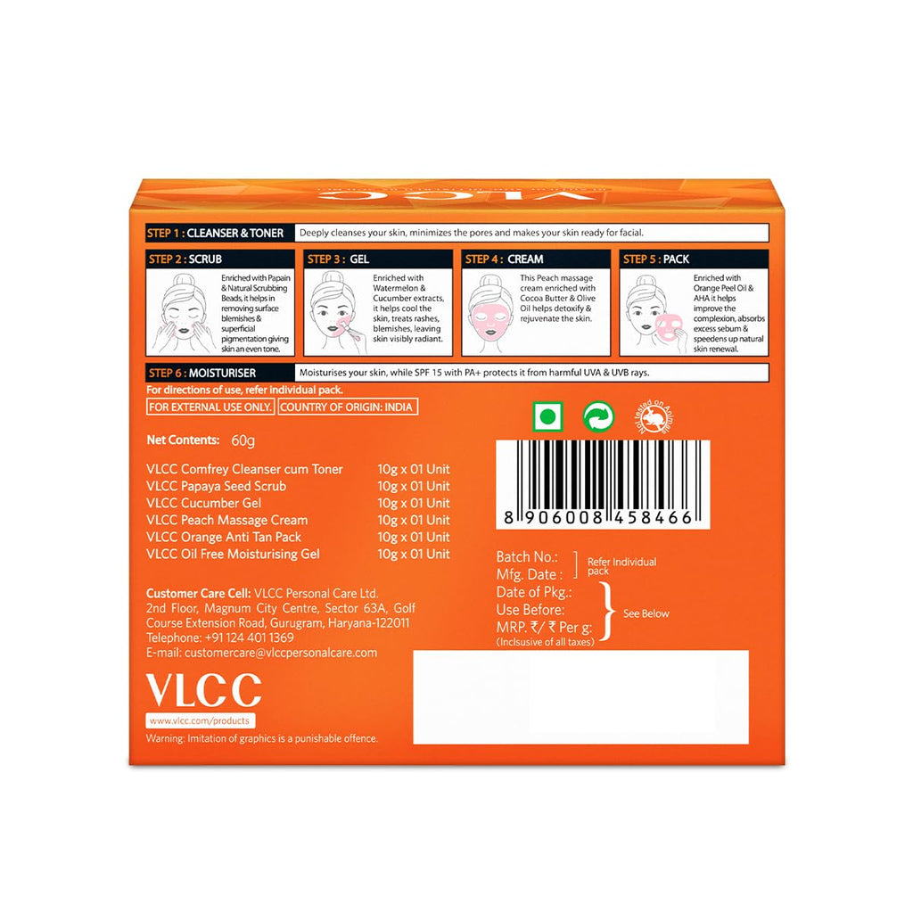 VLCC Papaya Fruit Facial Kit - 60g | Glowing, Blemish Free Skin | With Papaya, Cucumber, Peach, and Orange Peel Extracts | Glowing at Home Facial Kit.