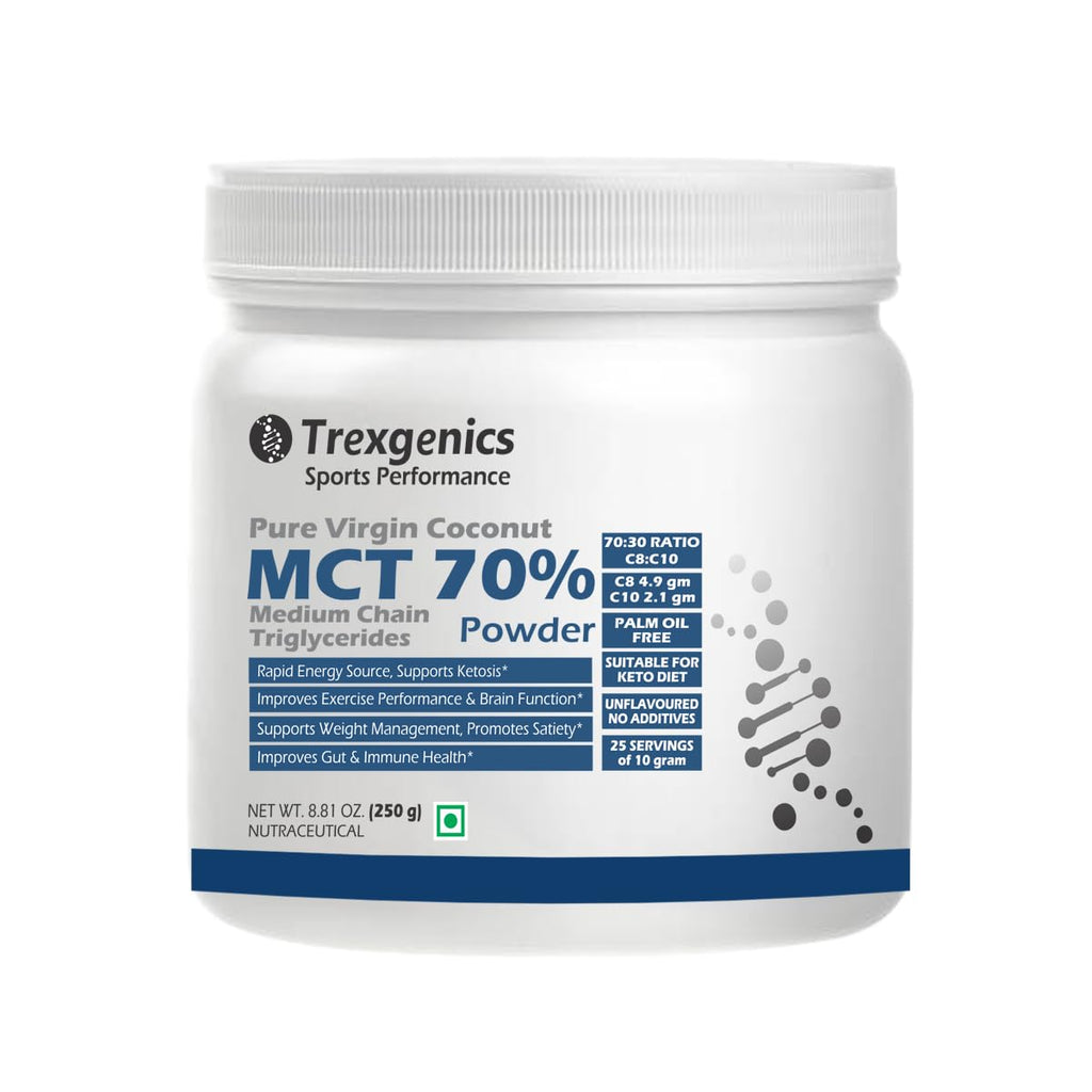 Trexgenics Pure MCT Medium Chain Triglycerides 70% Powder (from Virgin Cogonut) 70:30 C8:C10 Ratio, Rapid Energy, Ketosis Support (250 gram)